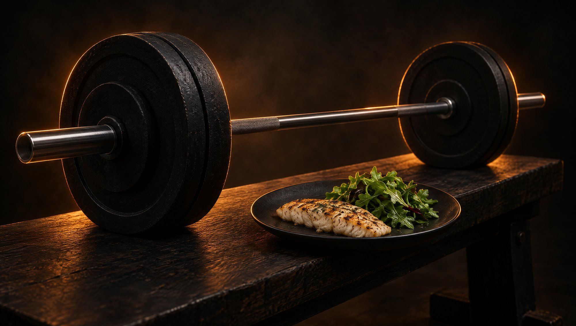 A loaded barbell with black iron plates resting on a dark wooden bench beside a black plate of grilled white fish and green salad leaves, edged in orange light against a dark background.
