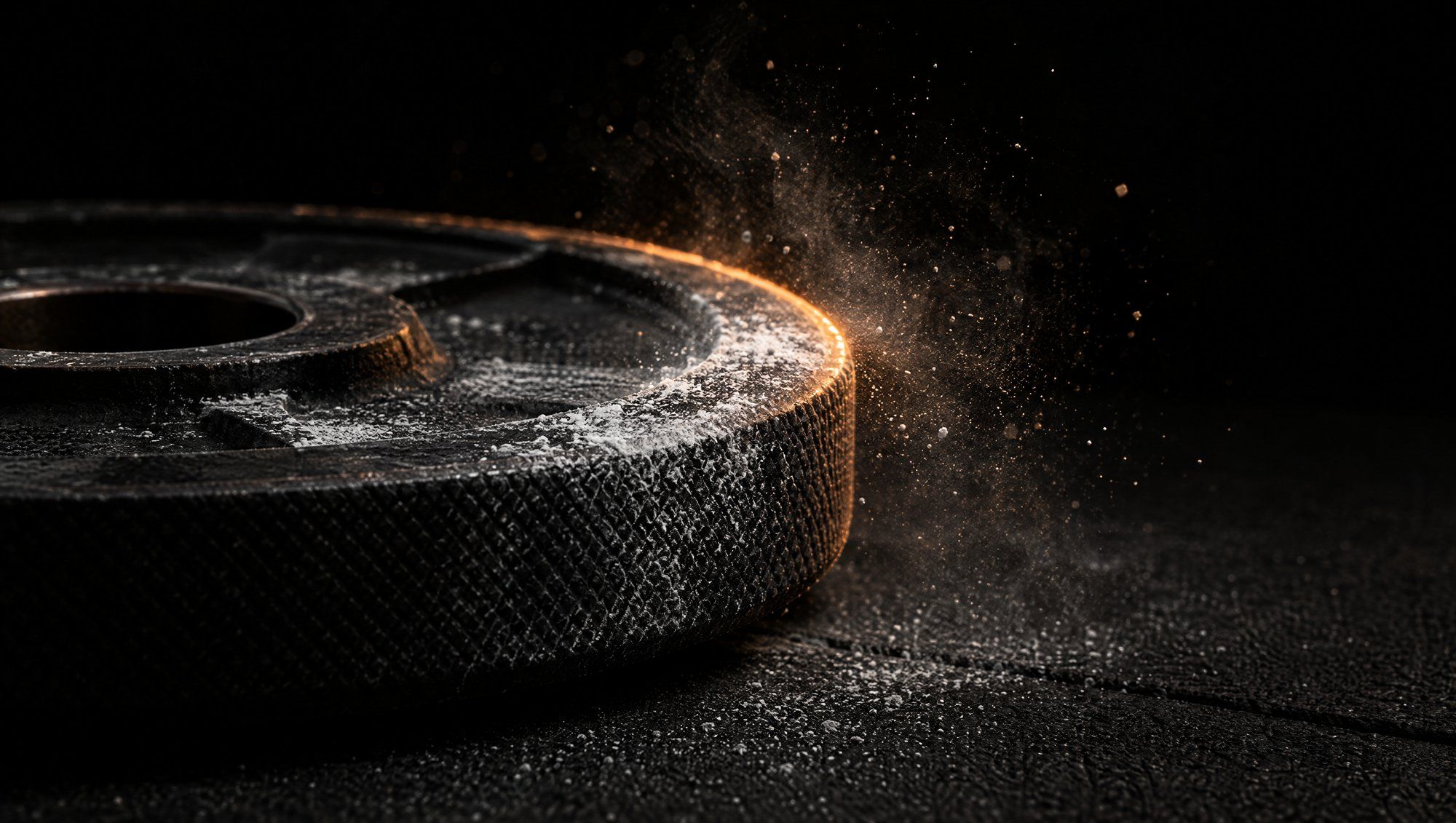 White chalk dust drifting off the edge of a black iron weight plate resting on a dark rubber floor, with a thin orange rim light along the plate's edge against a black background.