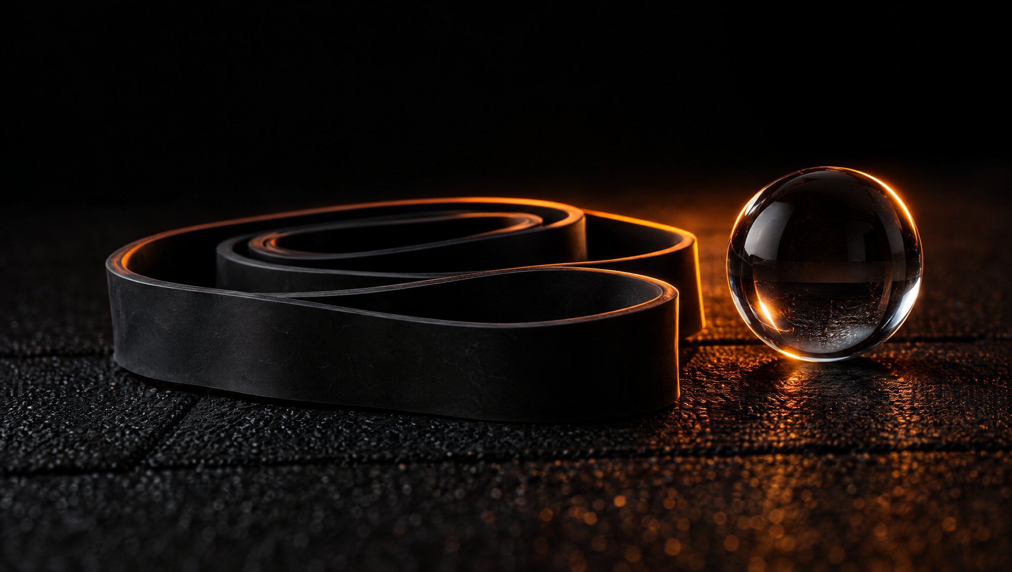 A coiled black rubber resistance band on a dark textured gym floor beside a clear glass sphere, both edged by an orange rim light against a black background.