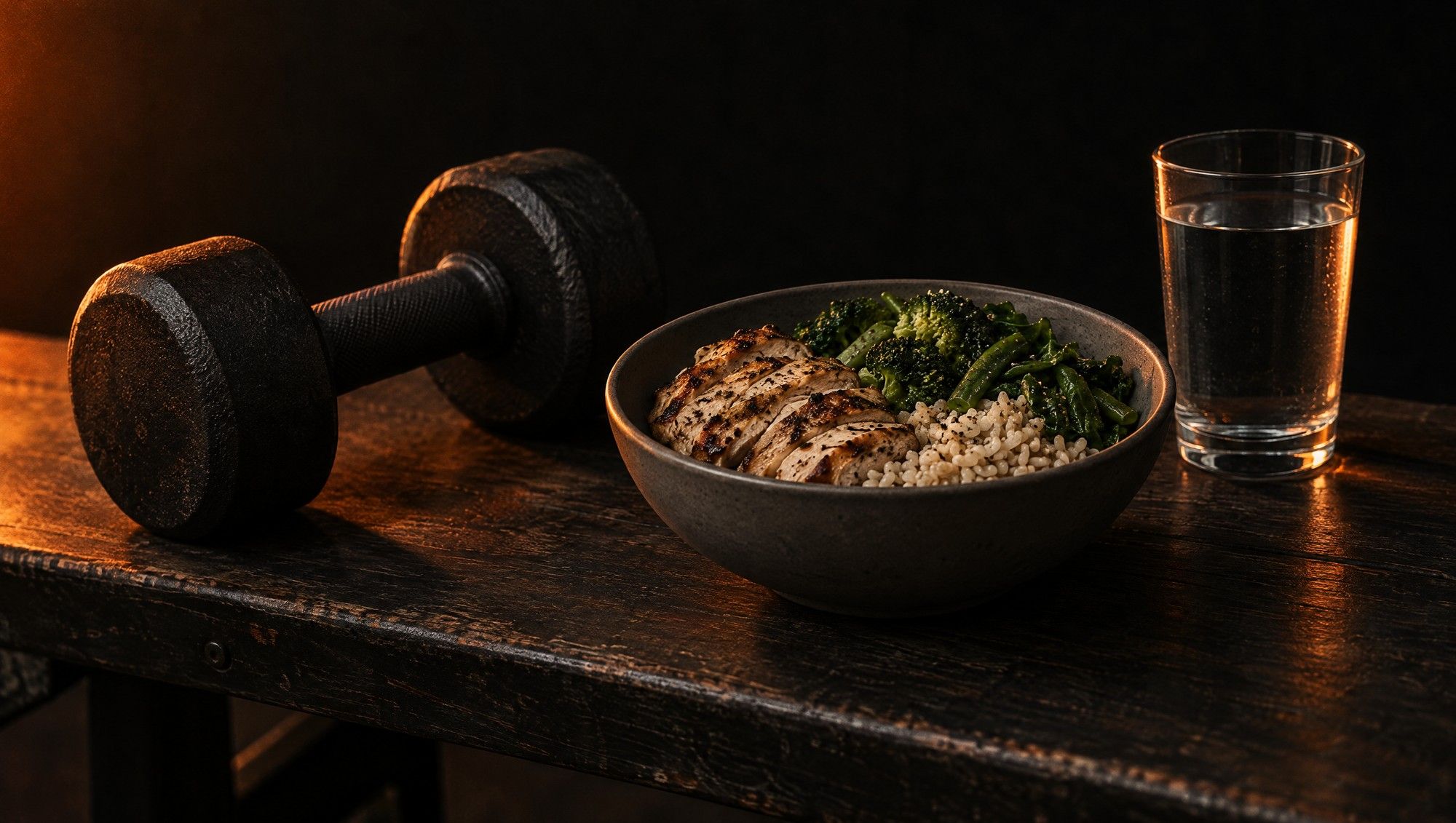 A black dumbbell, a bowl of sliced grilled chicken with rice and green vegetables, and a glass of water on a dark wooden bench.