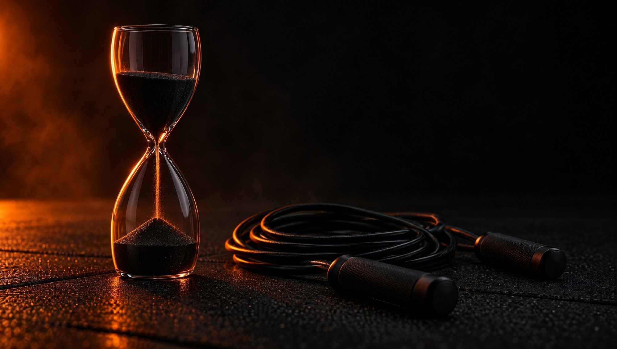 A clear glass hourglass with dark sand standing on a black rubber gym floor beside a coiled black jump rope with two black handles, lit from behind on the left by an orange rim light against a dark background.