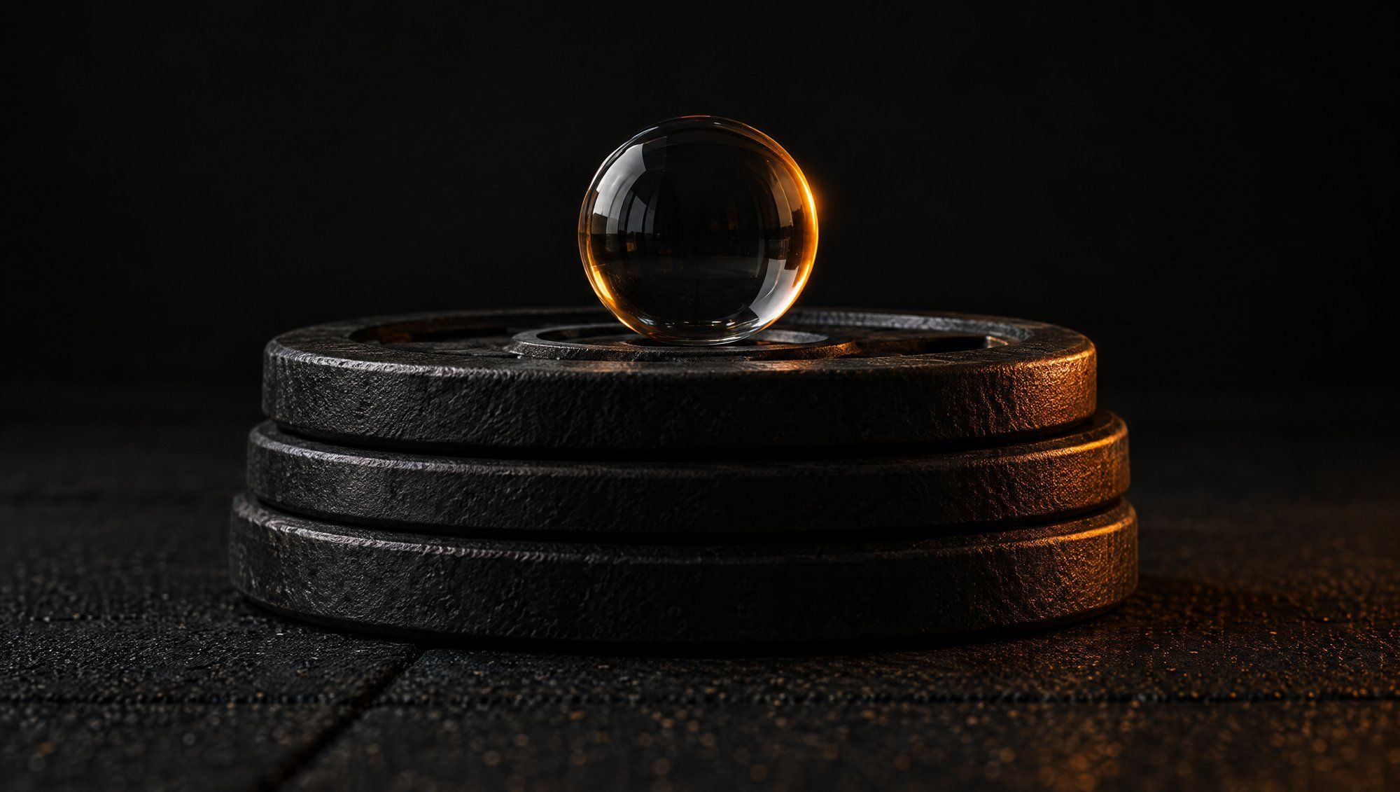 A clear glass sphere resting on top of a stack of three black iron weight plates on a dark rubber gym floor, its edge lit by orange light against a black background.
