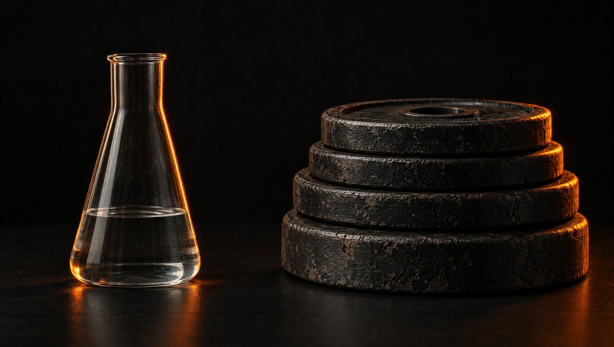 A glass laboratory flask of clear liquid beside a stack of worn iron weight plates, both edged in orange light against black.