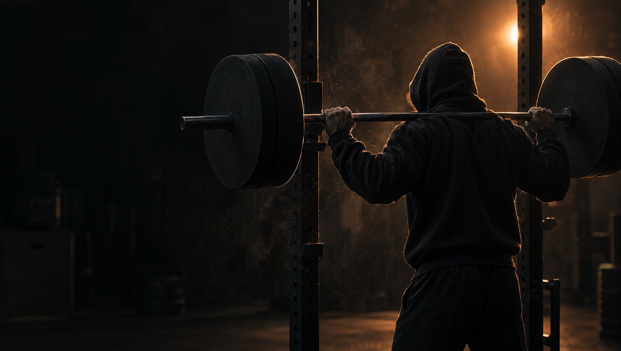 A lifter in a dark hooded sweatshirt, seen from behind with a loaded barbell across the shoulders in a squat rack in a dark gym, edged in orange light.