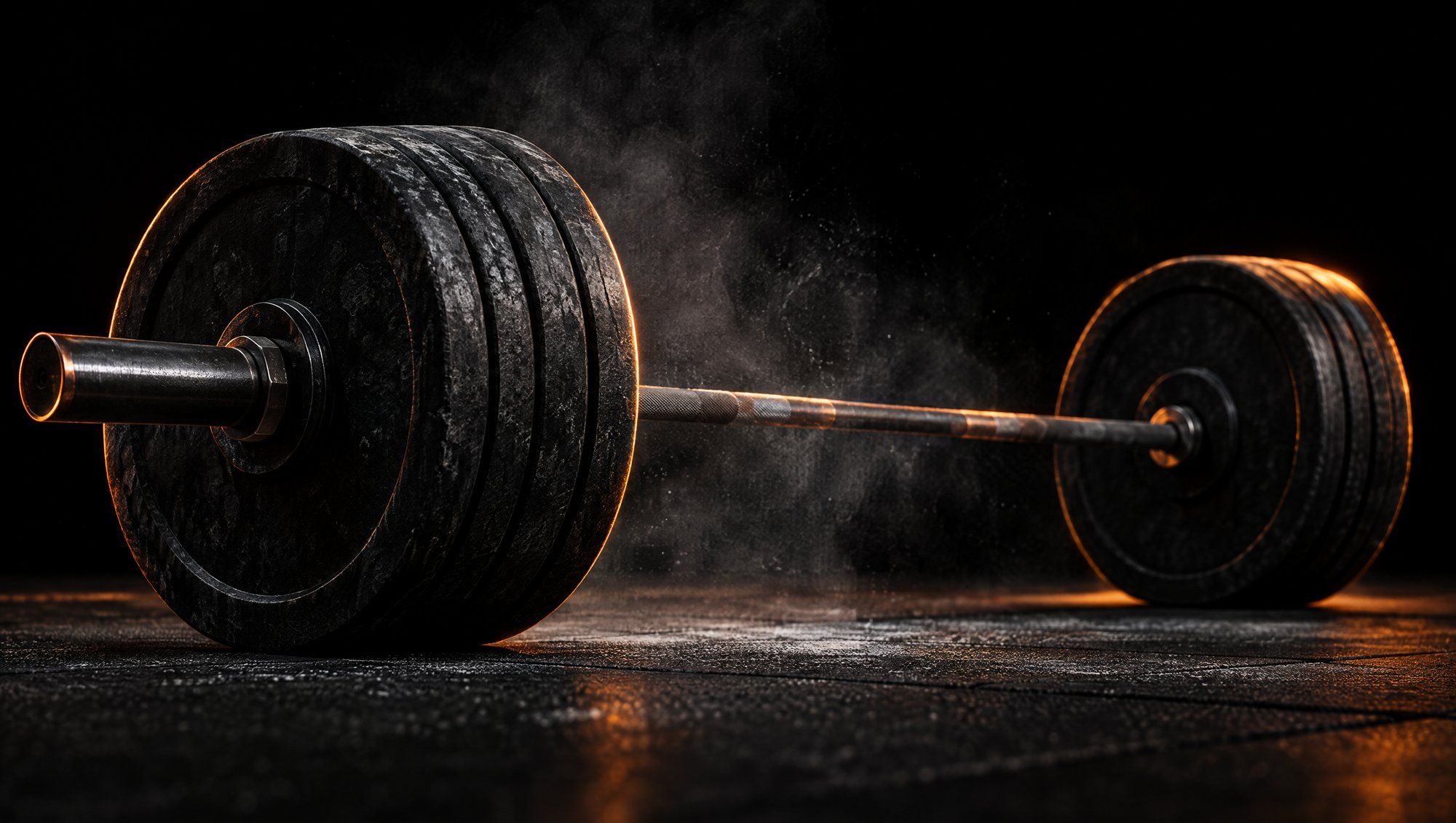 A loaded barbell with heavy iron plates resting on a dark lifting platform, a haze of chalk dust in the air, the bar and plates edged in orange light against black.