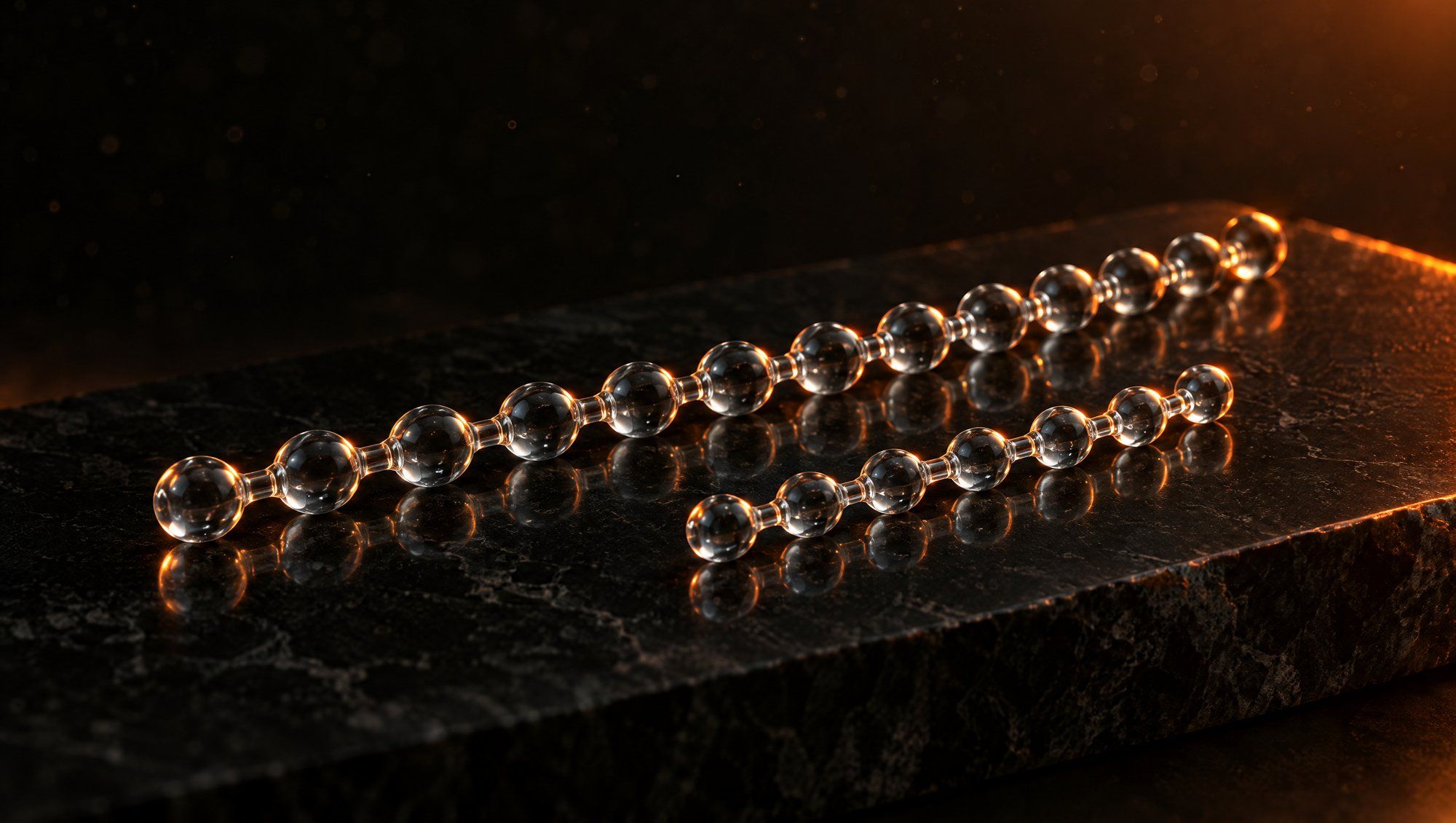 Two clear glass bead chains of different lengths lying parallel on a slab of black stone, edged by orange rim light against a dark background with faint dust in the air.