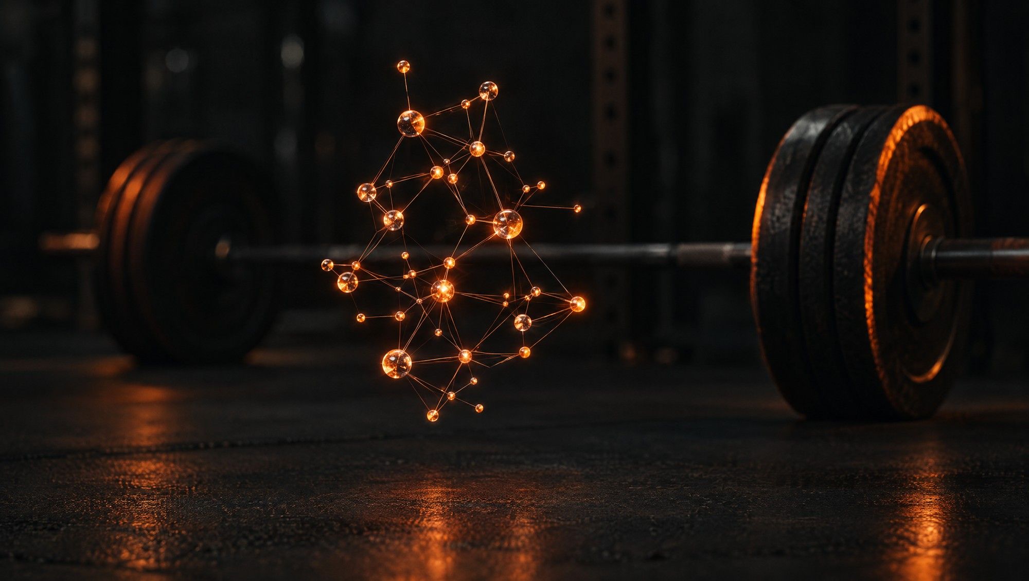 A floating lattice of small glowing orange nodes joined by thin lines, above a dark gym floor with a loaded barbell out of focus behind it.