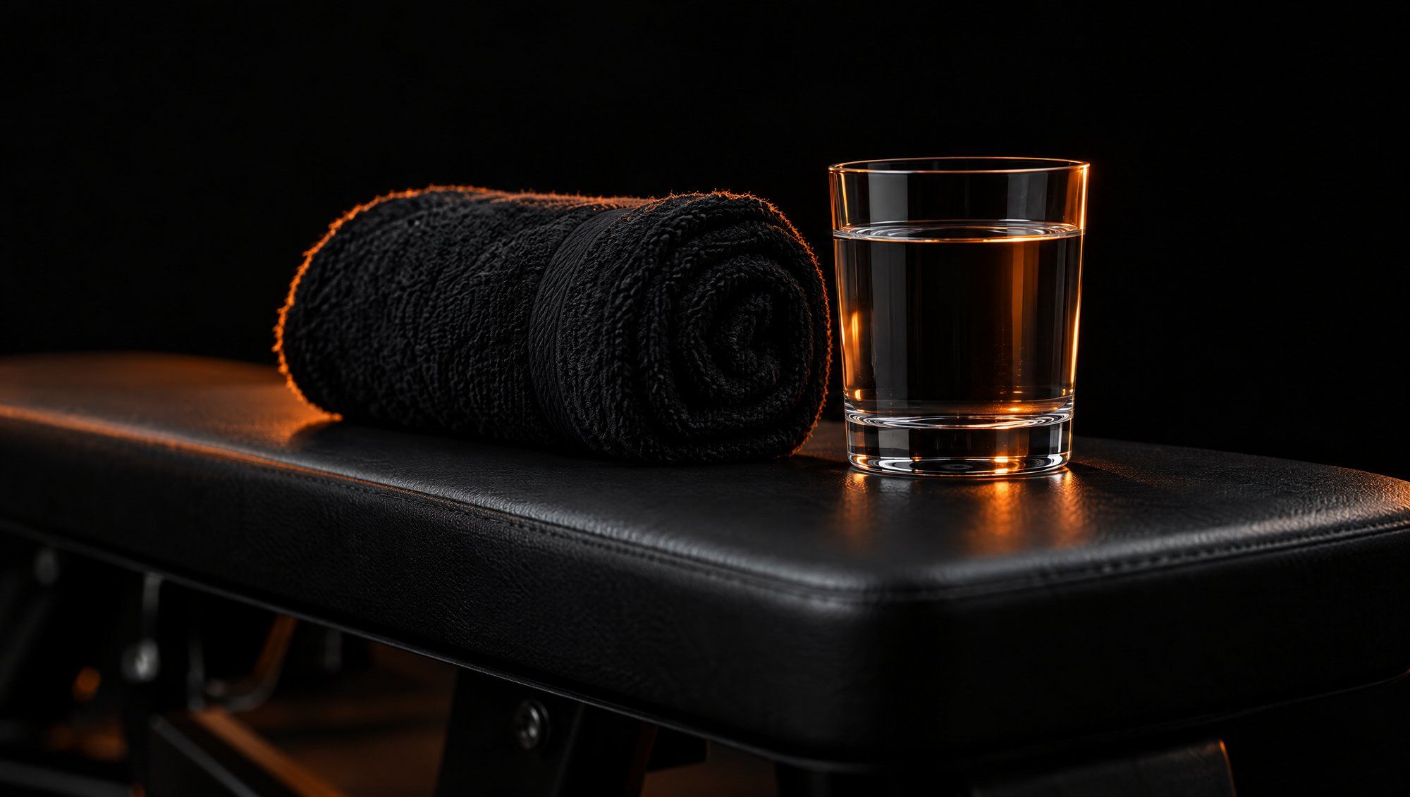 A rolled black gym towel and a clear glass of water on a dark bench, with a thin orange rim light along their edges against a black background.