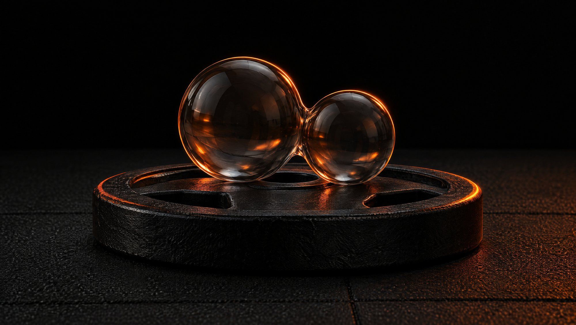 Two clear glass spheres of different sizes joined at a single point, resting on a black iron weight plate on a dark rubber floor, their edges lit by orange light against a black background.