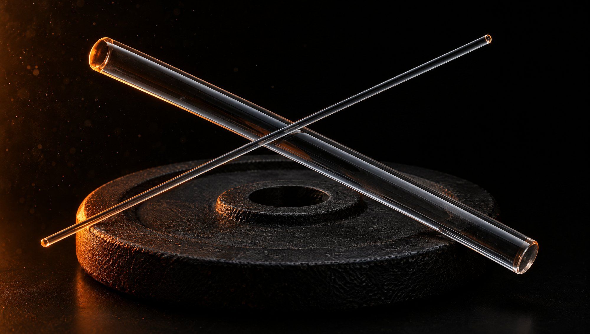 Two clear glass rods, one thick and one thin, crossing in an X above a black cast-iron weight plate on a black background, lit from the left by an orange rim light with faint dust in the air.