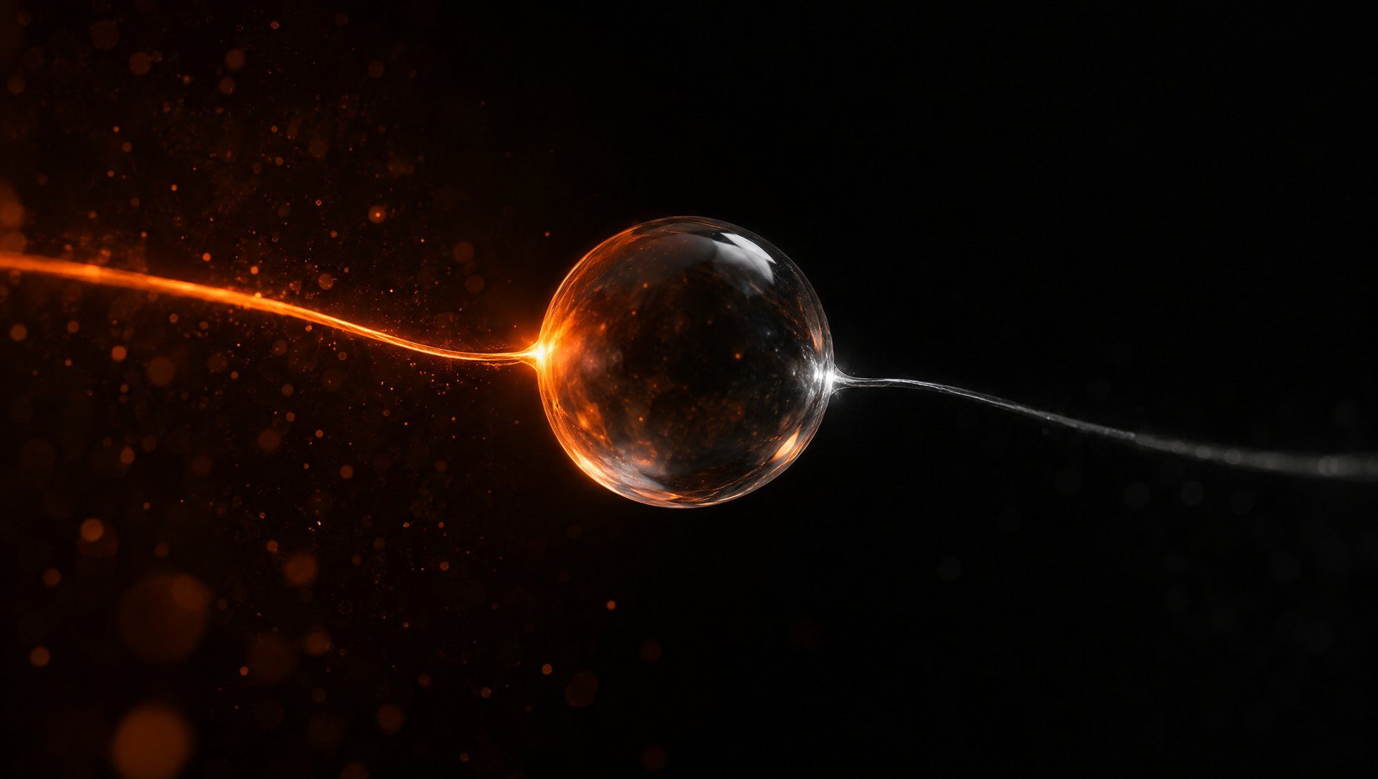 A clear glass sphere floating in darkness, touched from the left by a glowing orange thread of light and from the right by a dim grey one, with orange dust drifting on the left.