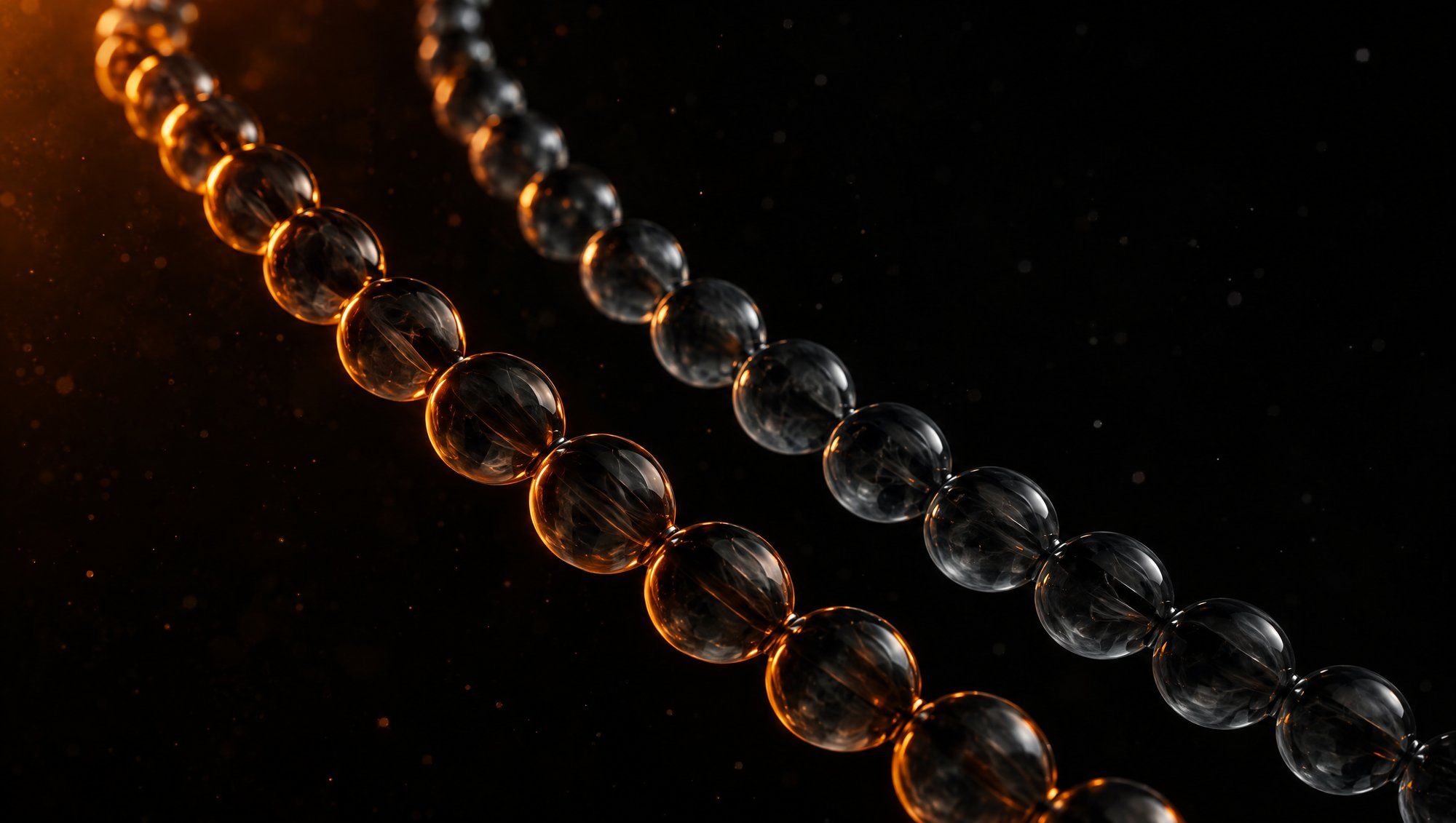 Two curving chains of smoky glass beads floating side by side against a black background, the left chain rimmed in orange light and the right chain in dim grey light, with faint dust in the air.