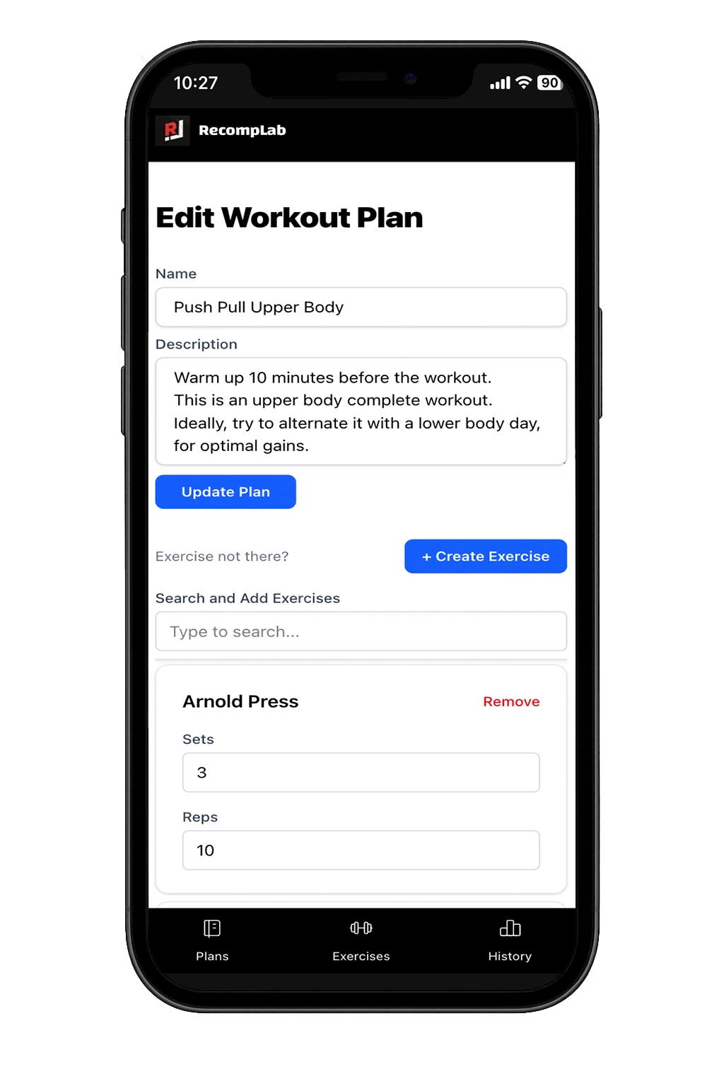 Screenshot of custom workout builder interface