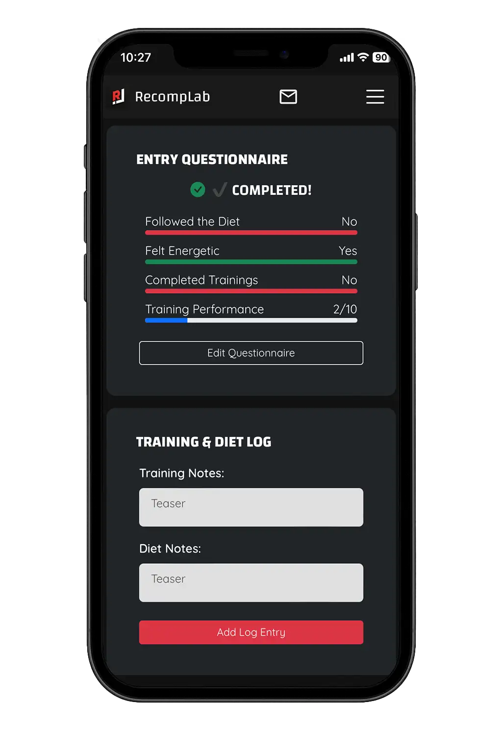 Example of progress tracking screen showing past workouts and weights